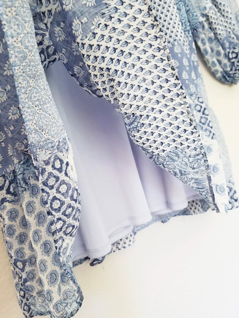 MSK Ruffle V Neck Baby Doll Dress XL Chiffon Patchwork Blue Shimmer Boho Cottage - Picture 12 of 15